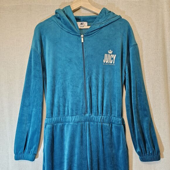 Juicy Couture Turquoise Teal VELOUR LOUNGEWEAR Hooded JUMPSUIT Medium - Picture 2 of 7